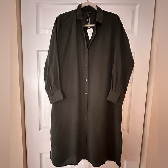 Eileen Fisher Washed Silk Habutai Shirtdress Seaweed Green Size XS - Picture 4 of 7